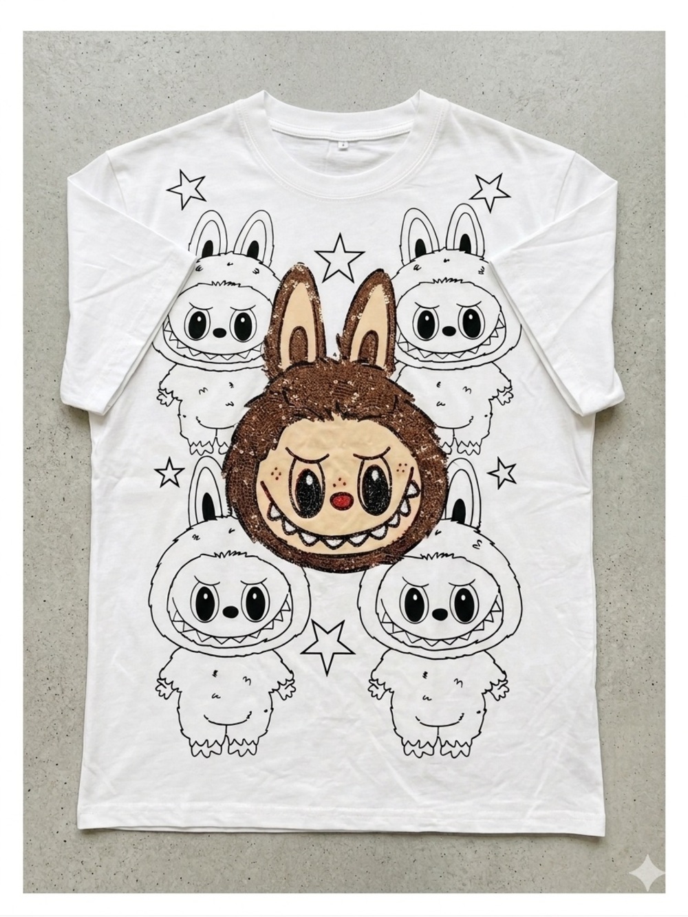 White Graphic strass labubu Face T-Shirt